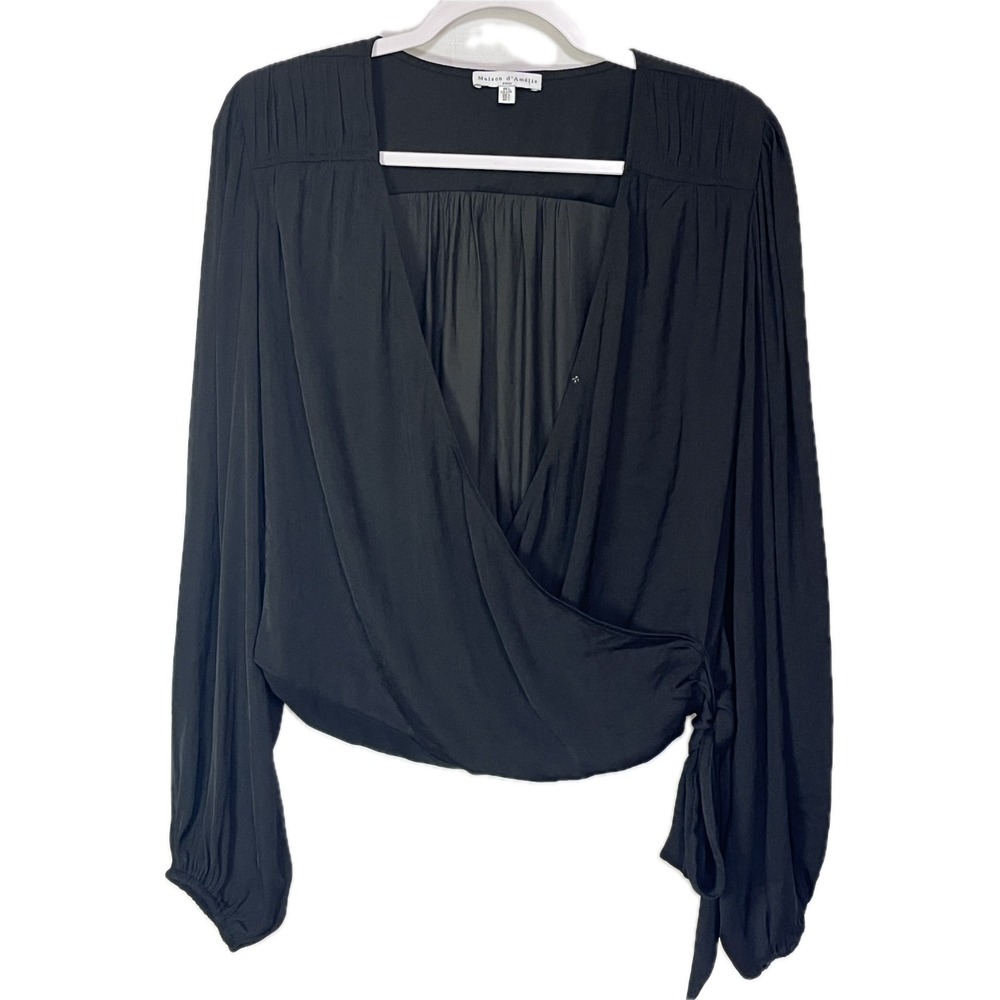 Maison d'Amelie Paris Black Wrap Blouse Side Tie Smocked Back V-Neck Large